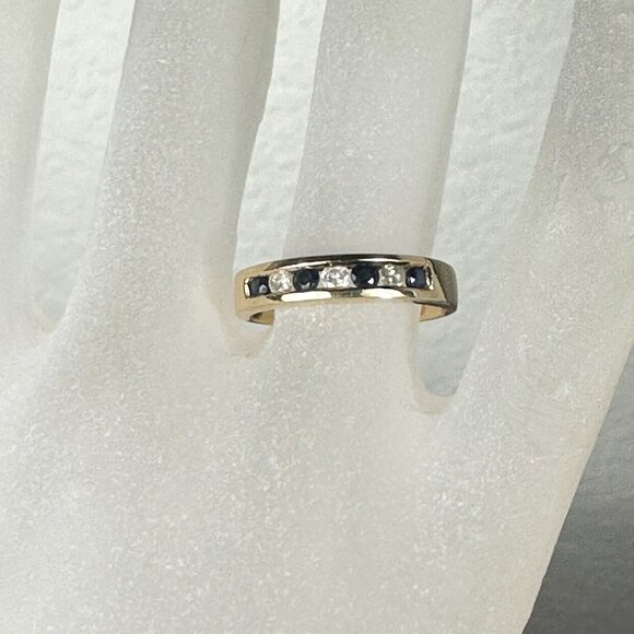 NEW 14K Real Gold Sapphire Diamond Band Ring - Picture 1 of 5